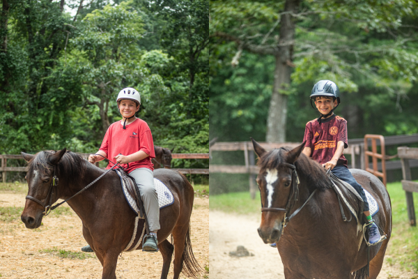 Two riders on brown horses wearing helmets in an outdoor riding area, split image shows a child in a red shirt left and another rider in a dark shirt right.
