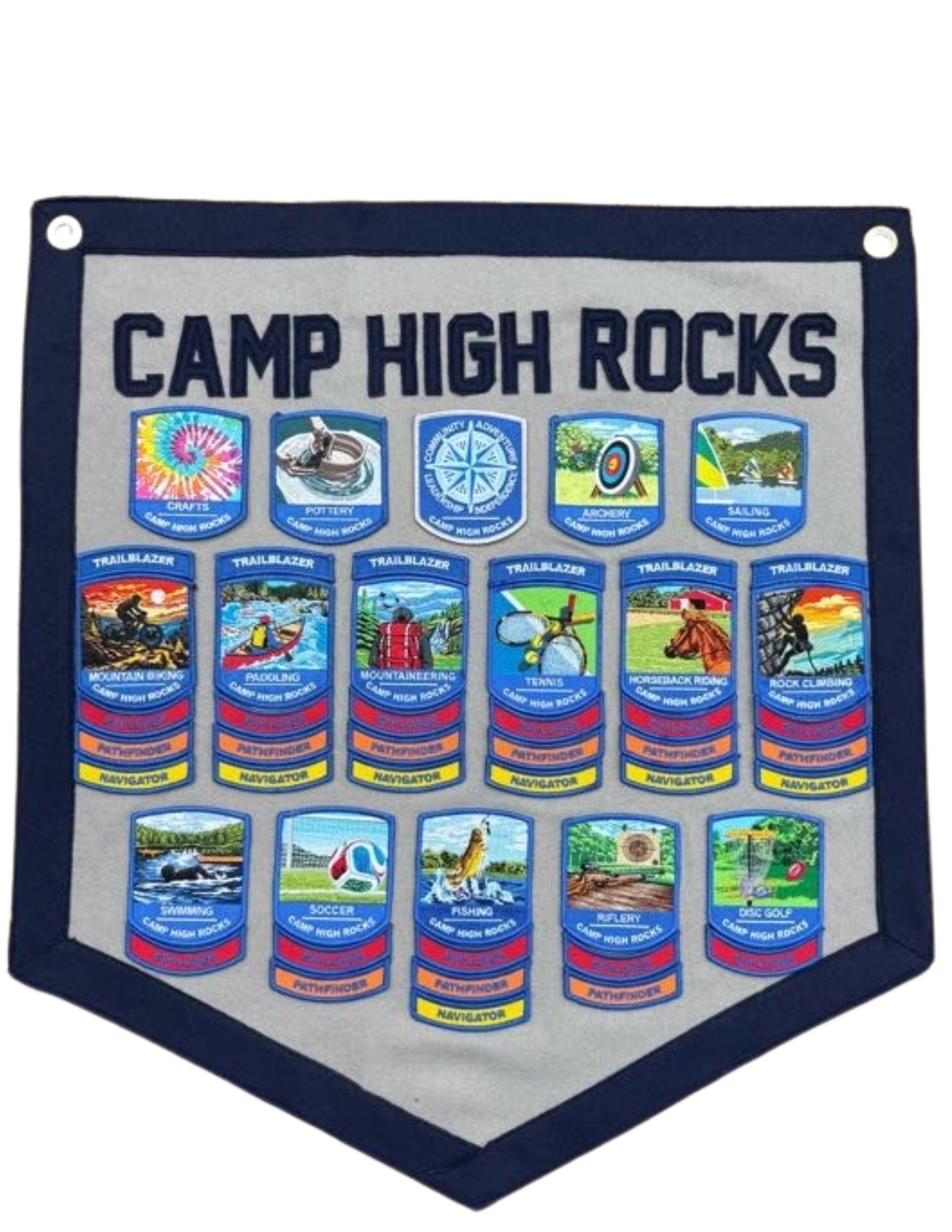Banner for Camp High Rocks featuring rows of activity patches (crafts, pottery, archery, sailing, hiking)