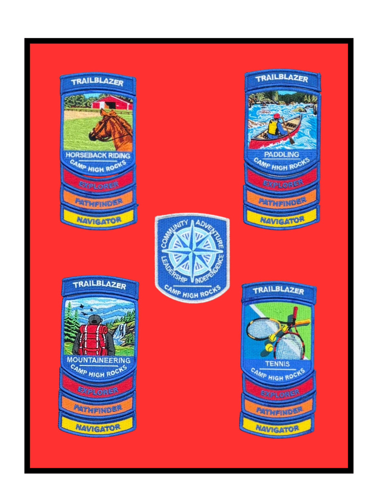 Group of blue Trailblazer patches on a red background, depicting activities like horseback riding, paddling, mountain hiking, and tennis with navigator and explorer bands.