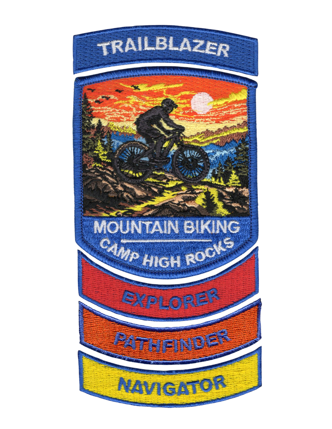Embroidered patch showing a mountain biker on a rocky trail at sunset, with 'Trailblazer' and 'Mountain Biking' text panels below.