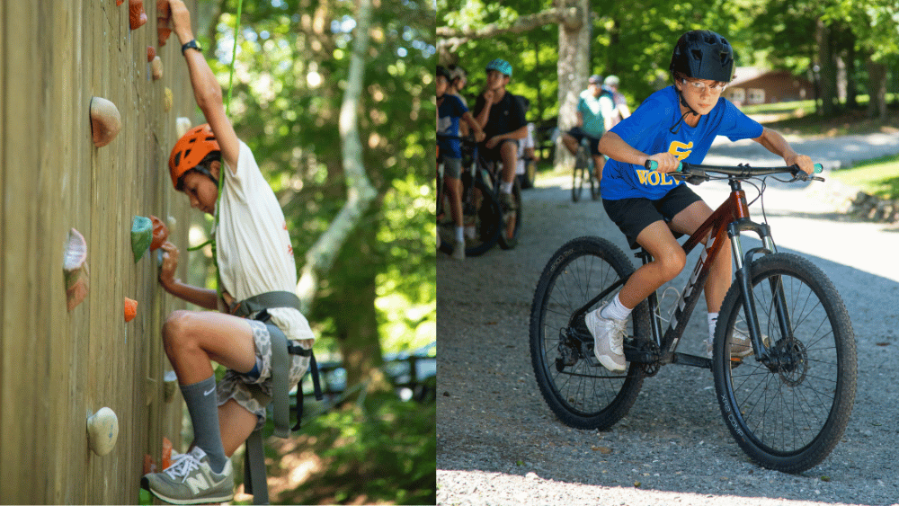 Child rock climbing on an outdoor wooden wall, wearing helmet and harness in a forest setting (left). Right shows a boy biking on a gravel path with a helmet and blue shirt.
